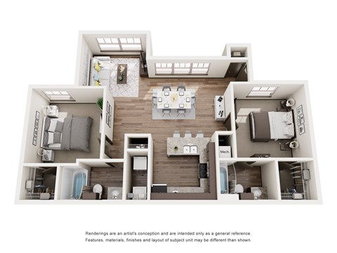 Floor plan for 2 beds, 2 baths, 998 sqft